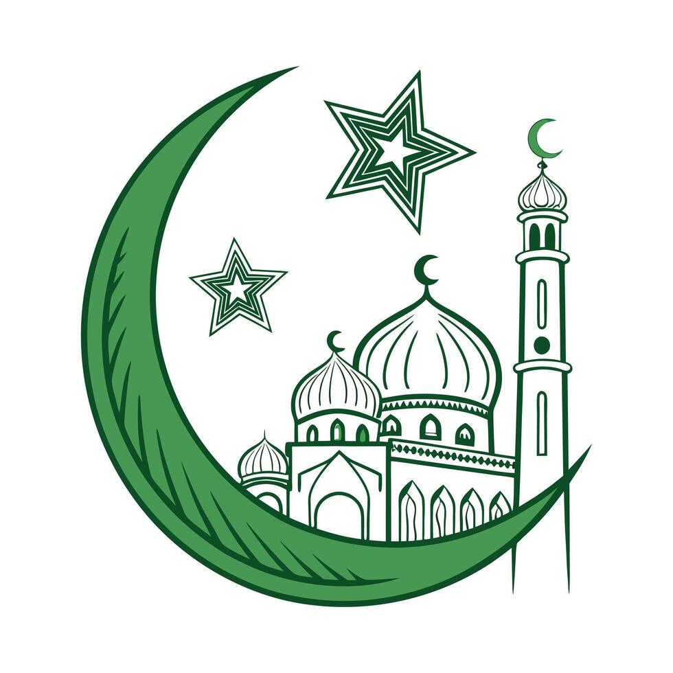 Simple Line Art Illustration of a Mosque Under a Crescent Moon vector