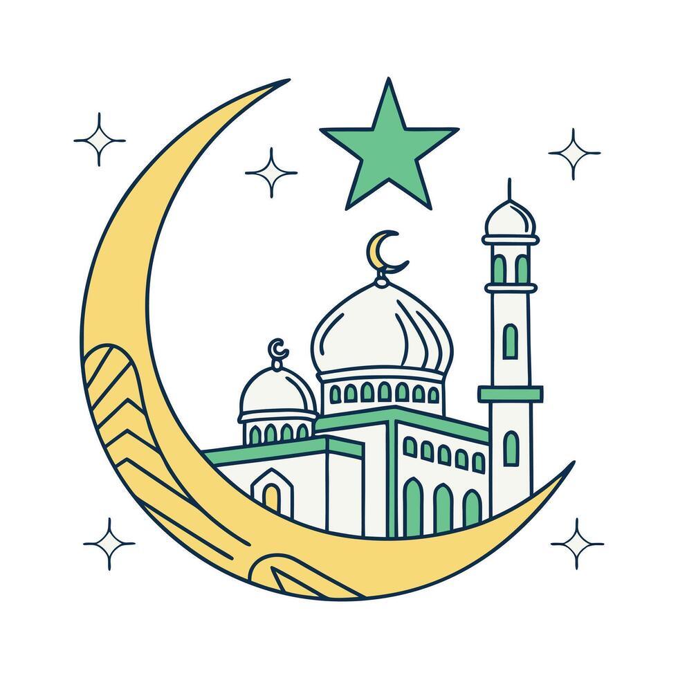 Festive Mosque Illustration with Crescent Moon and Stars for Ramadan vector