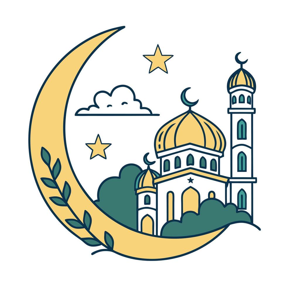 Festive Mosque Illustration with Crescent Moon vector