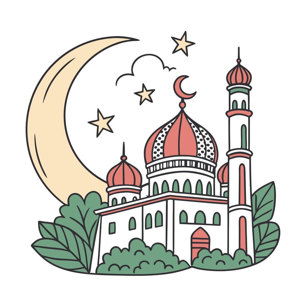 Simple Mosque with Crescent Moon and Star, Ideal for Ramadan or Islamic Design icon vector