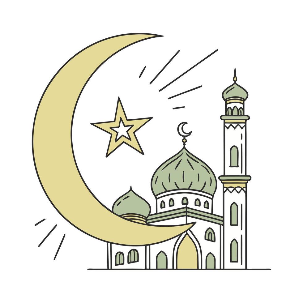 This line art illustration depicts a mosque, a crescent moon, and a star, all in soft pastel colors. vector