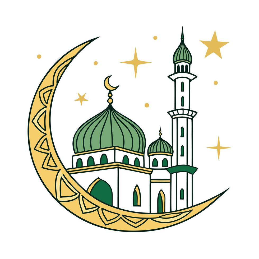 line art illustration depicts a mosque under a crescent moon and stars, creating a serene and peaceful mood. vector