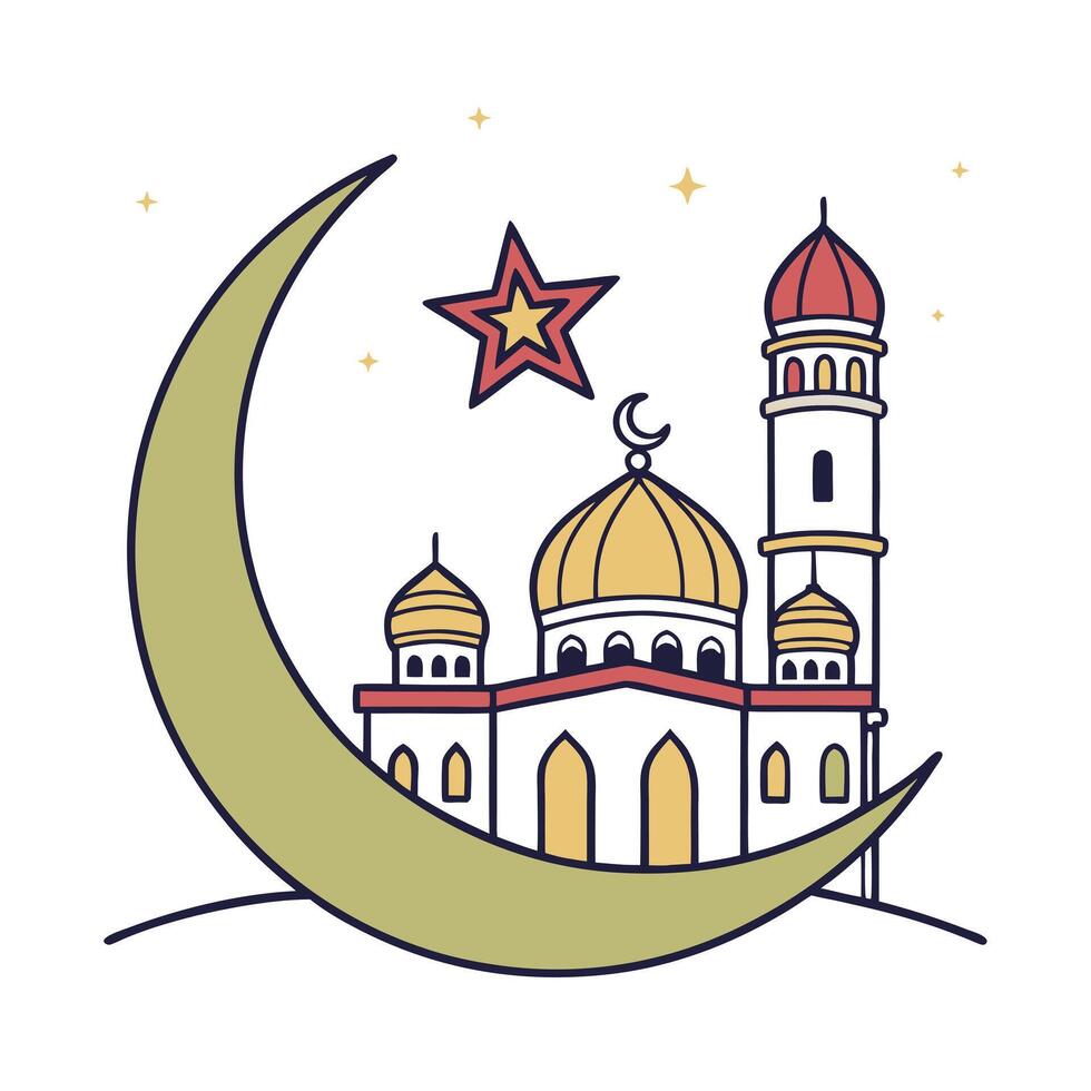This vibrant, stylized illustration depicts a mosque, a crescent moon, and stars. vector