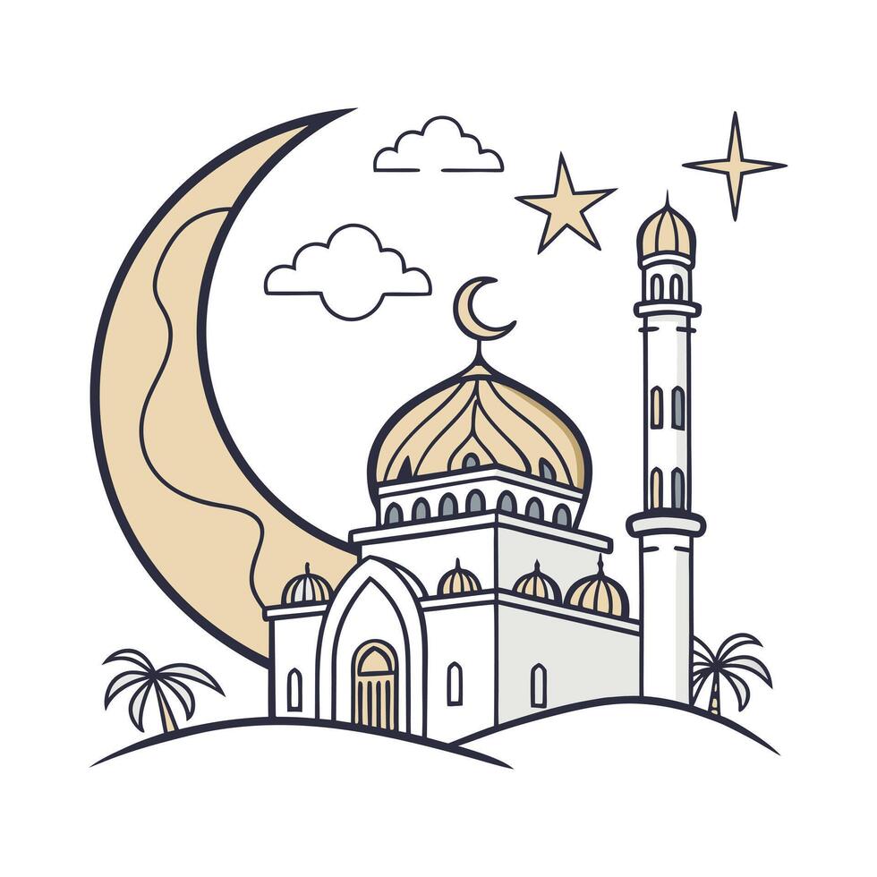 Elegant Islamic Mosque and Crescent Moon Illustration icon vector
