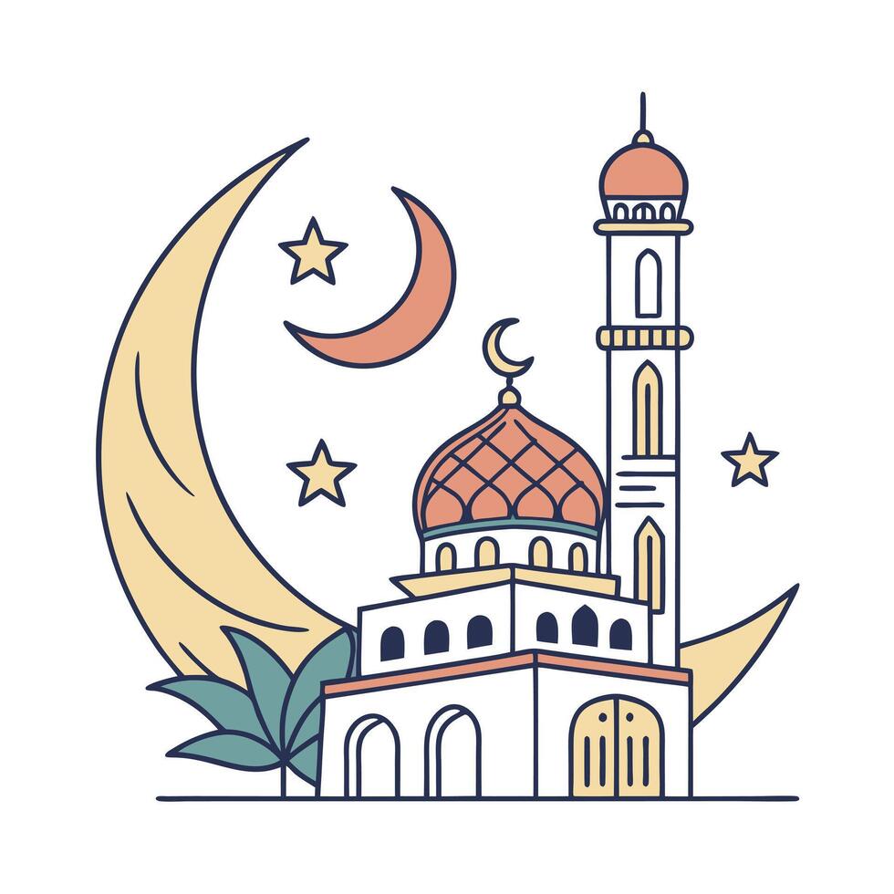 This stylized graphic showcases a mosque, crescent moon, and star, set against a white background. vector