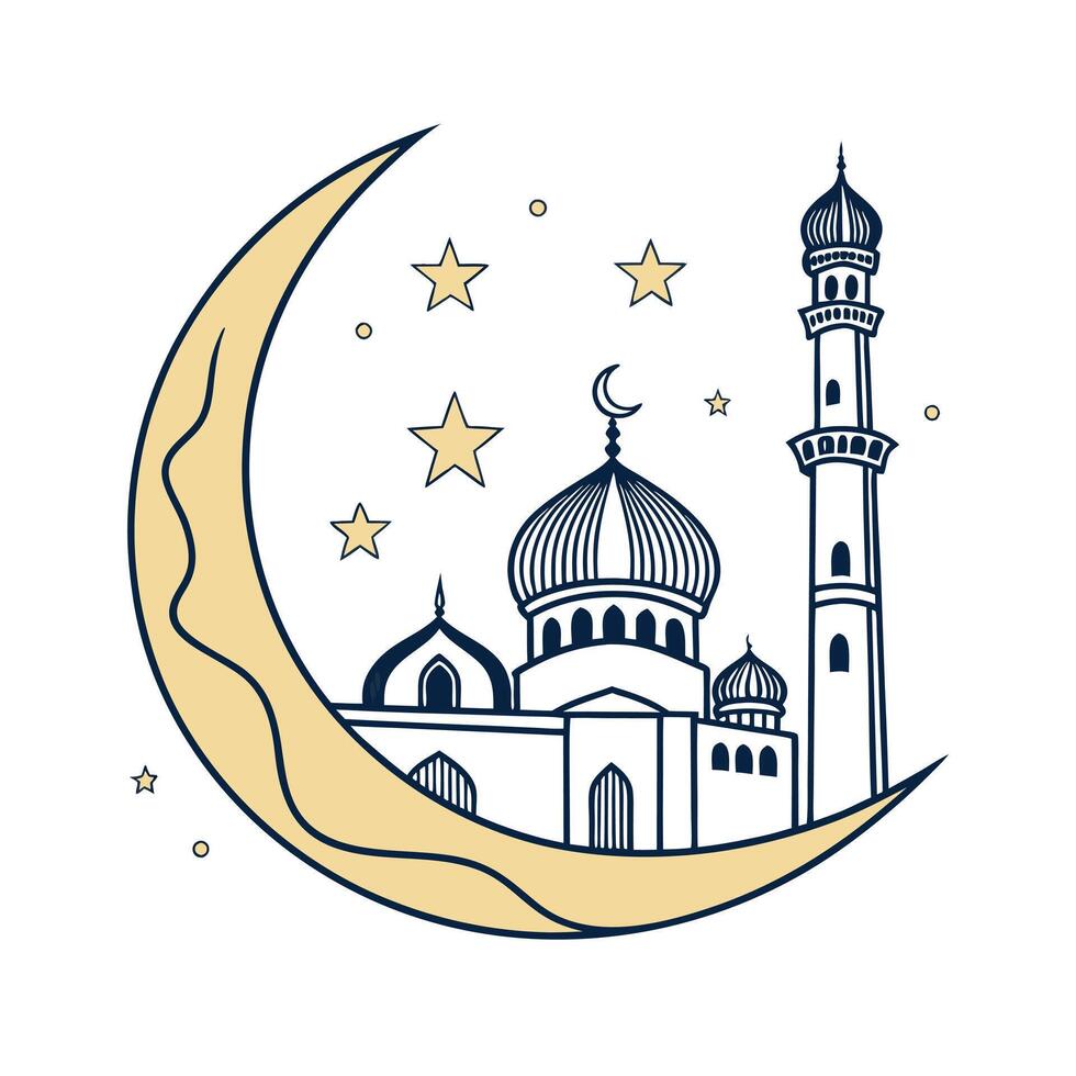 Elegant Mosque Silhouette within Crescent Moon, Ideal for Ramadan vector