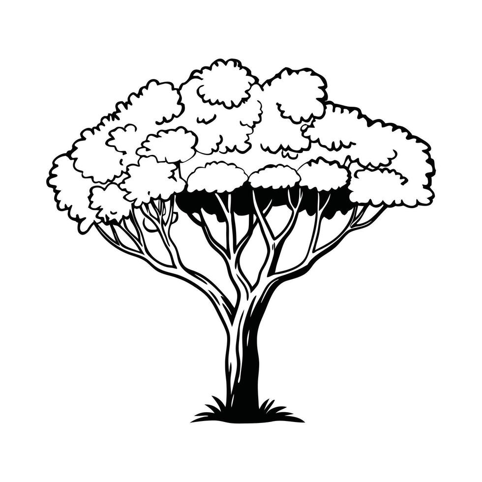 black and white line drawing of a large tree. vector