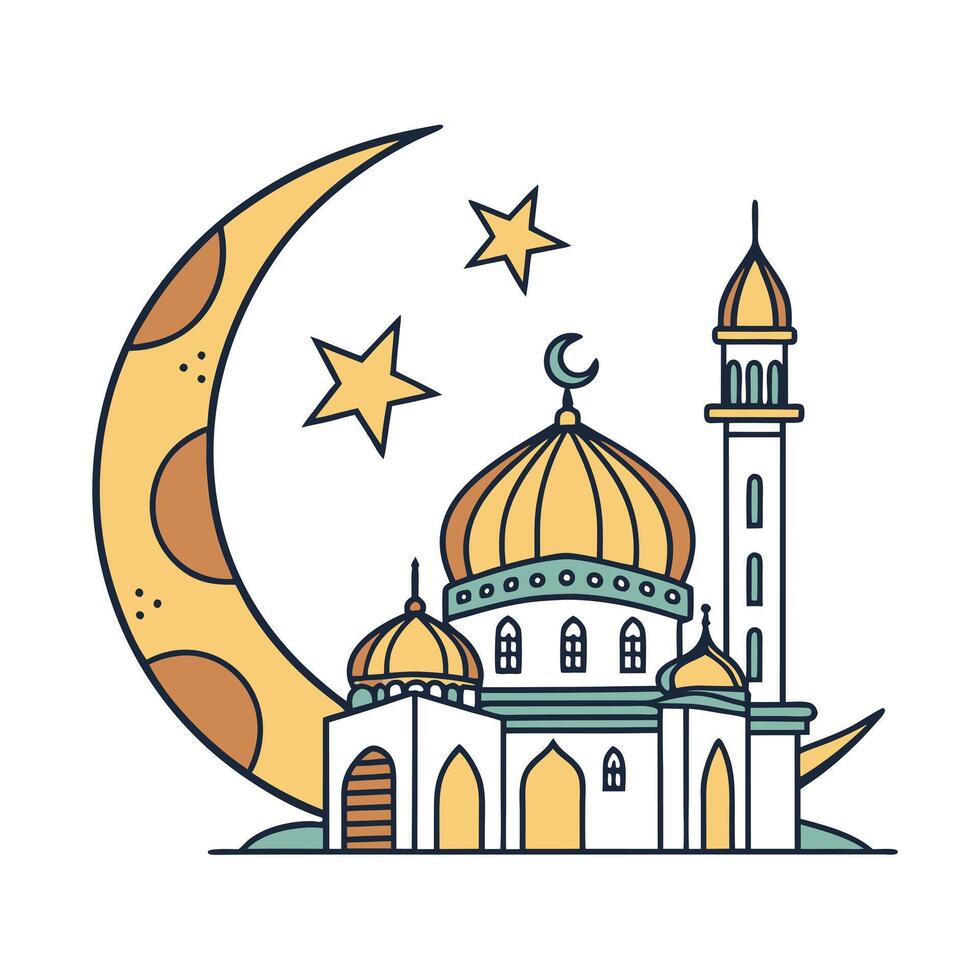 Illustration of a Mosque at Night with Crescent Moon and Star vector