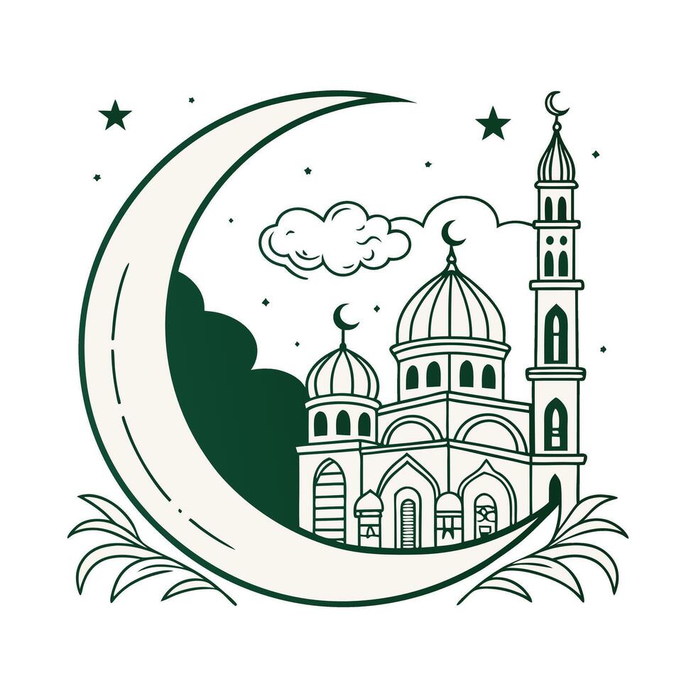 A simple illustration of a mosque under a crescent moon, perfect for Ramadan. vector