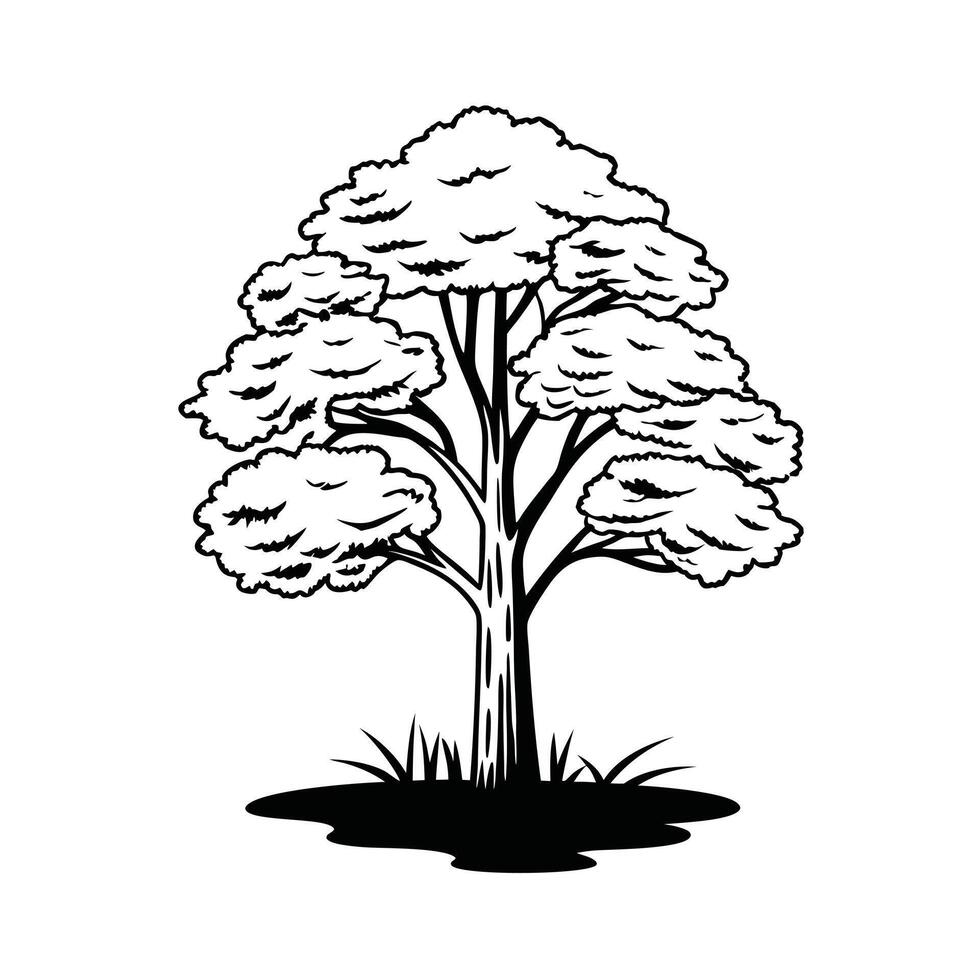 A stylized, black and white line drawing of a large tree. vector