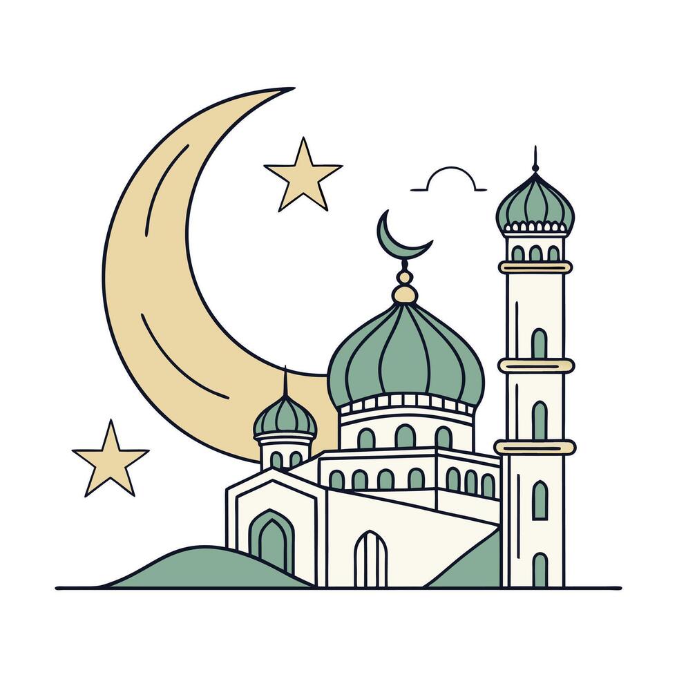 Elegant Line Art Mosque with Crescent Moon and Stars vector