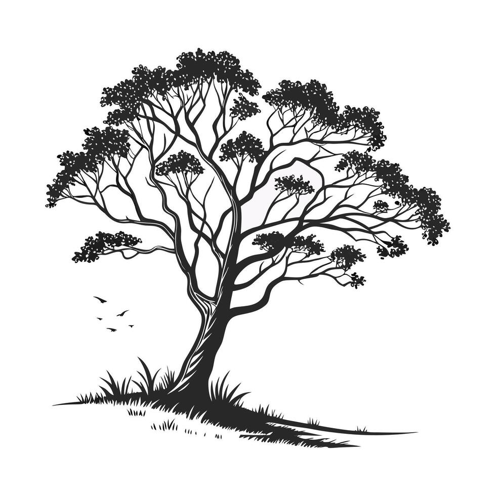 A striking, stylized silhouette of a large tree, rendered in black ink on a pure white background. vector