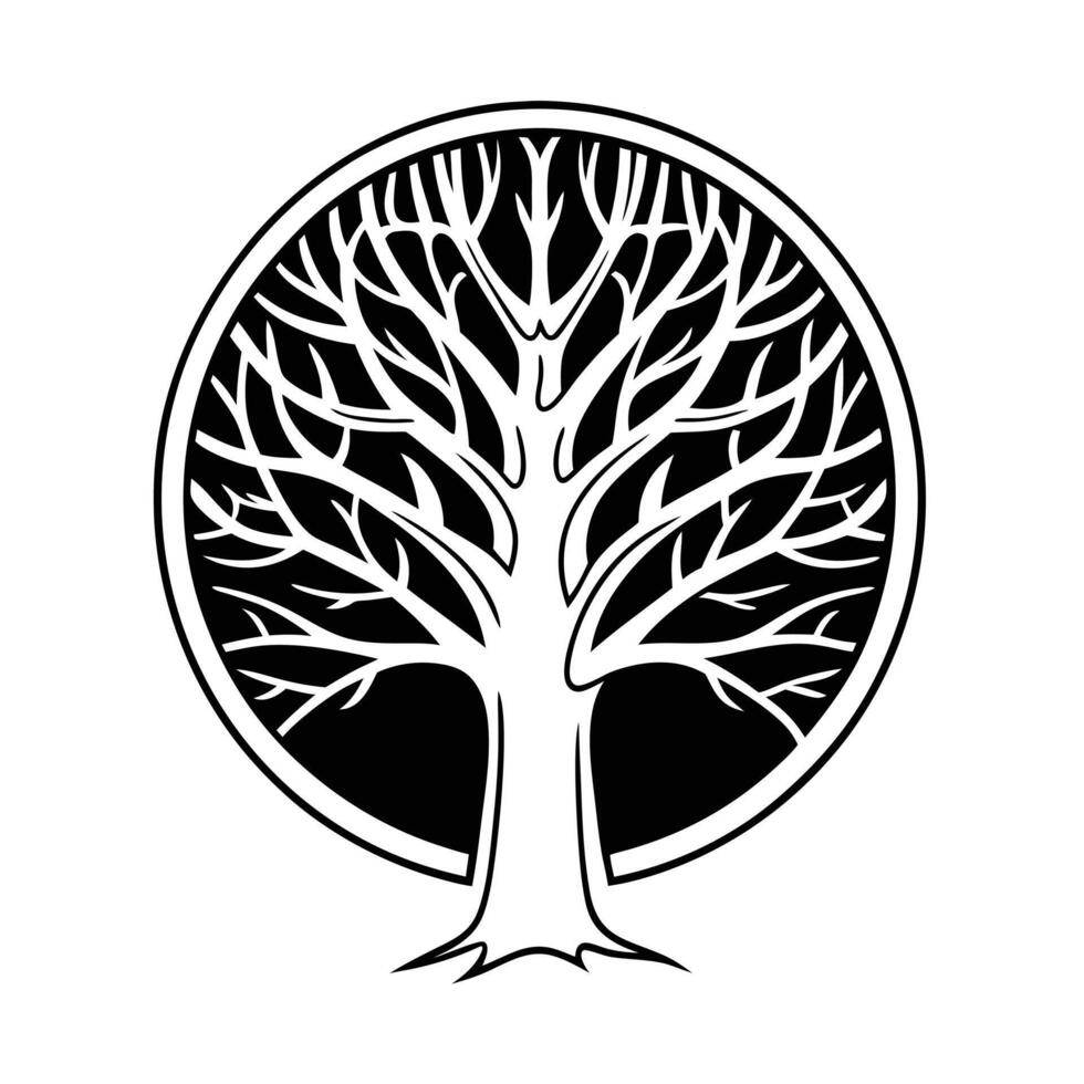 This stylized, black and white illustration depicts a robust tree, perfect for nature-themed designs. vector
