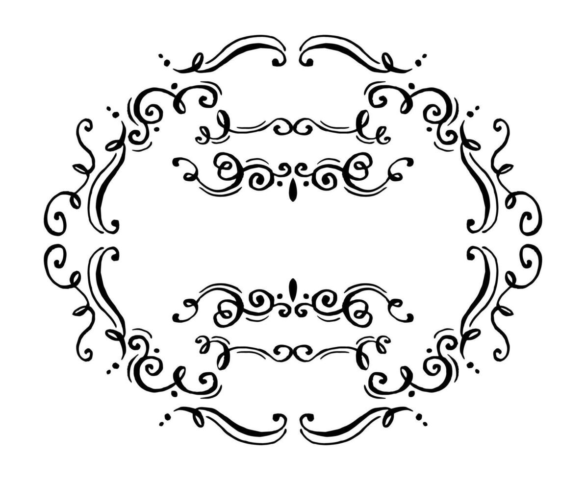 Design elements set, decorative flourish border corner and frame collection for invitation, menu and page decoration on black colour. vector