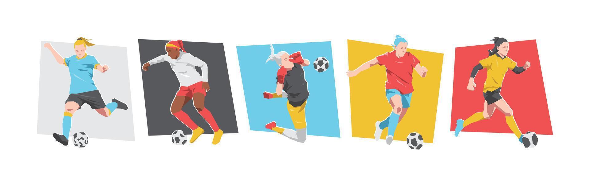 Set of female football players, soccer athlete. Isolated on white background. Flat graphic illustration. vector