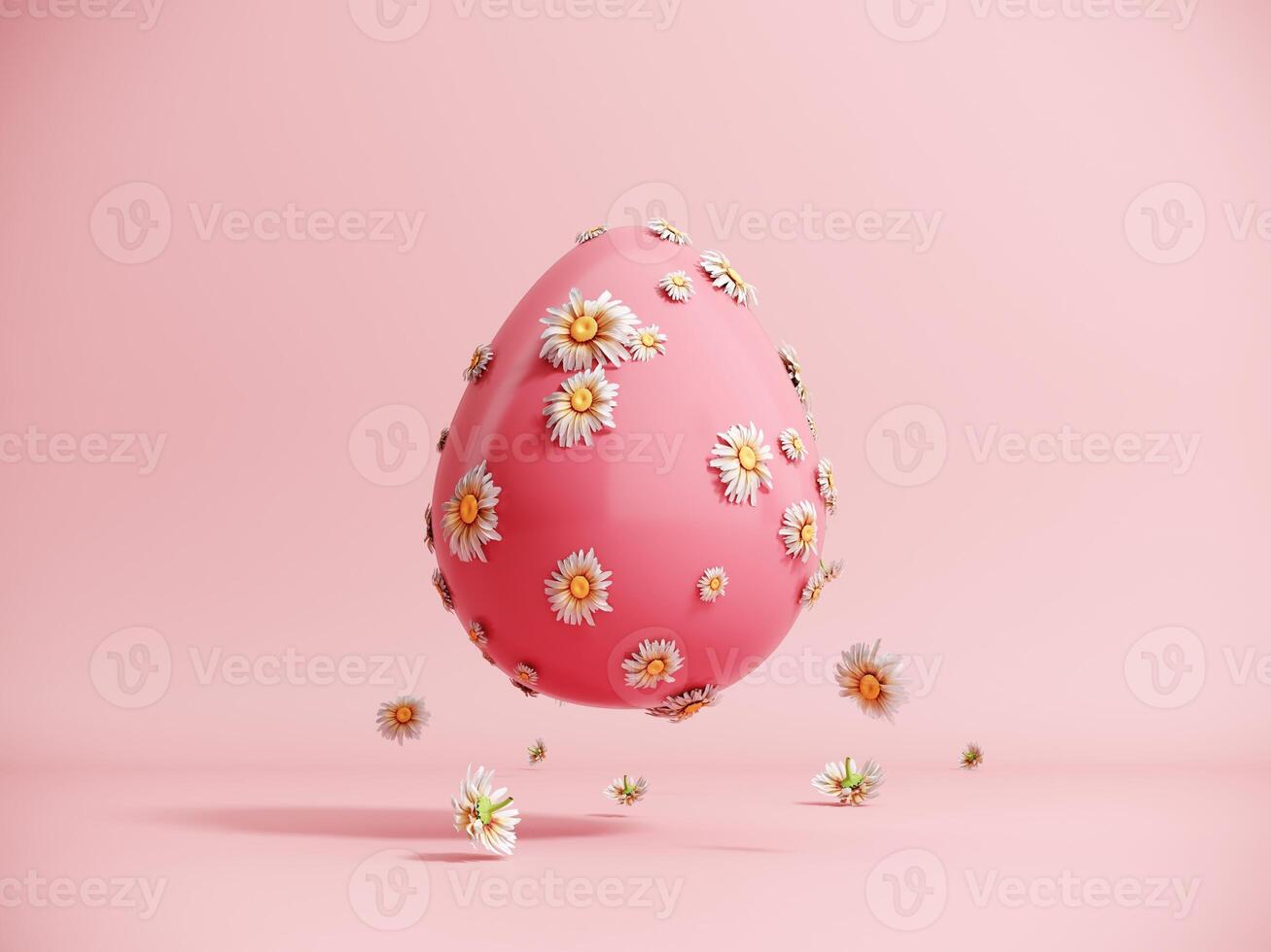 3D render of an Easter egg with daisy flowers. Modern minimalistic holiday card concept with copy space. Happy Easter - postcard, banner, pastel pink poster. photo