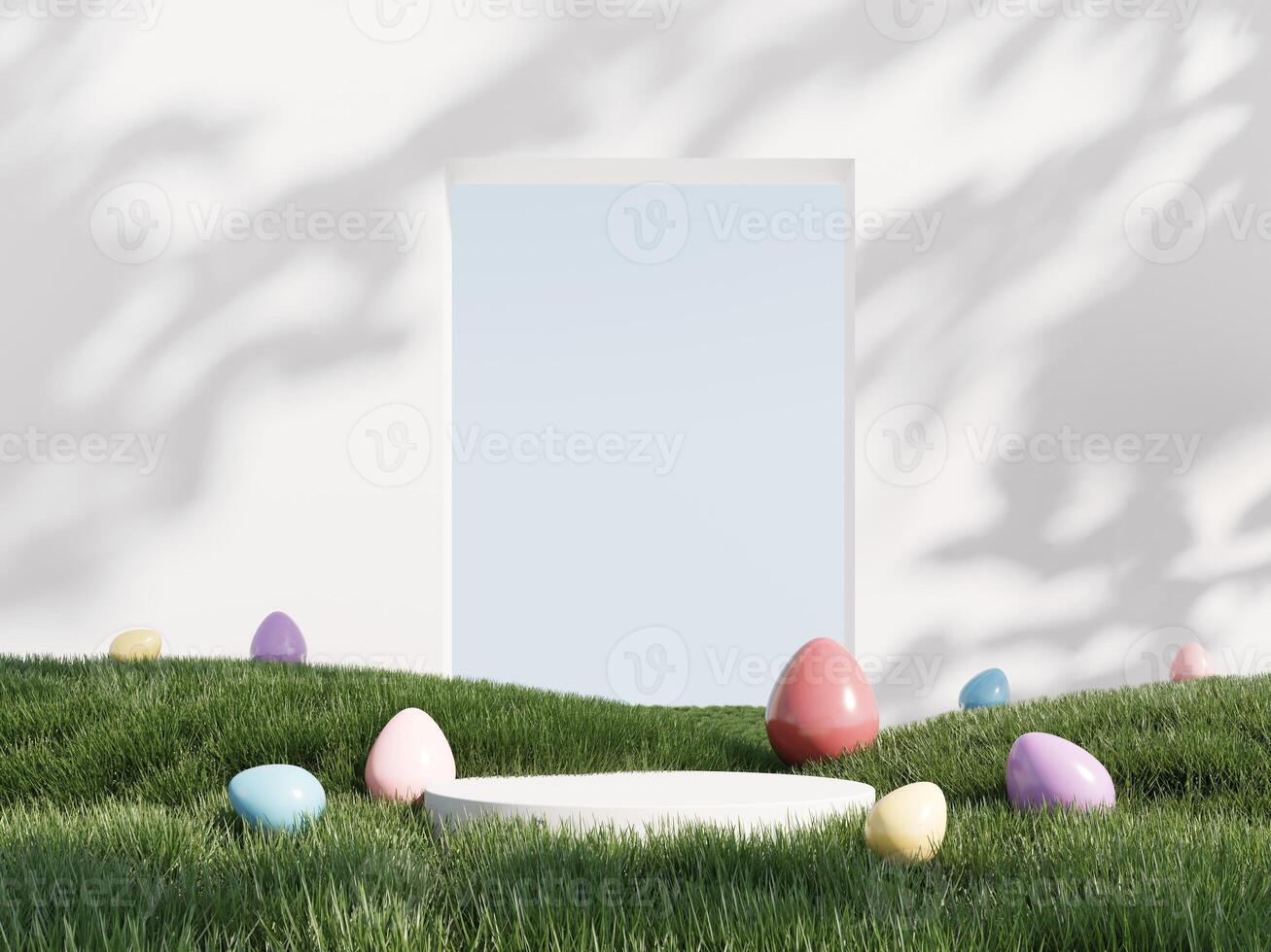 Happy Easter holiday greeting card with colorful painted eggs. 3d render of podium, showcase, display in green grass. Unobtrusive botanical background with shadow on the wall. photo