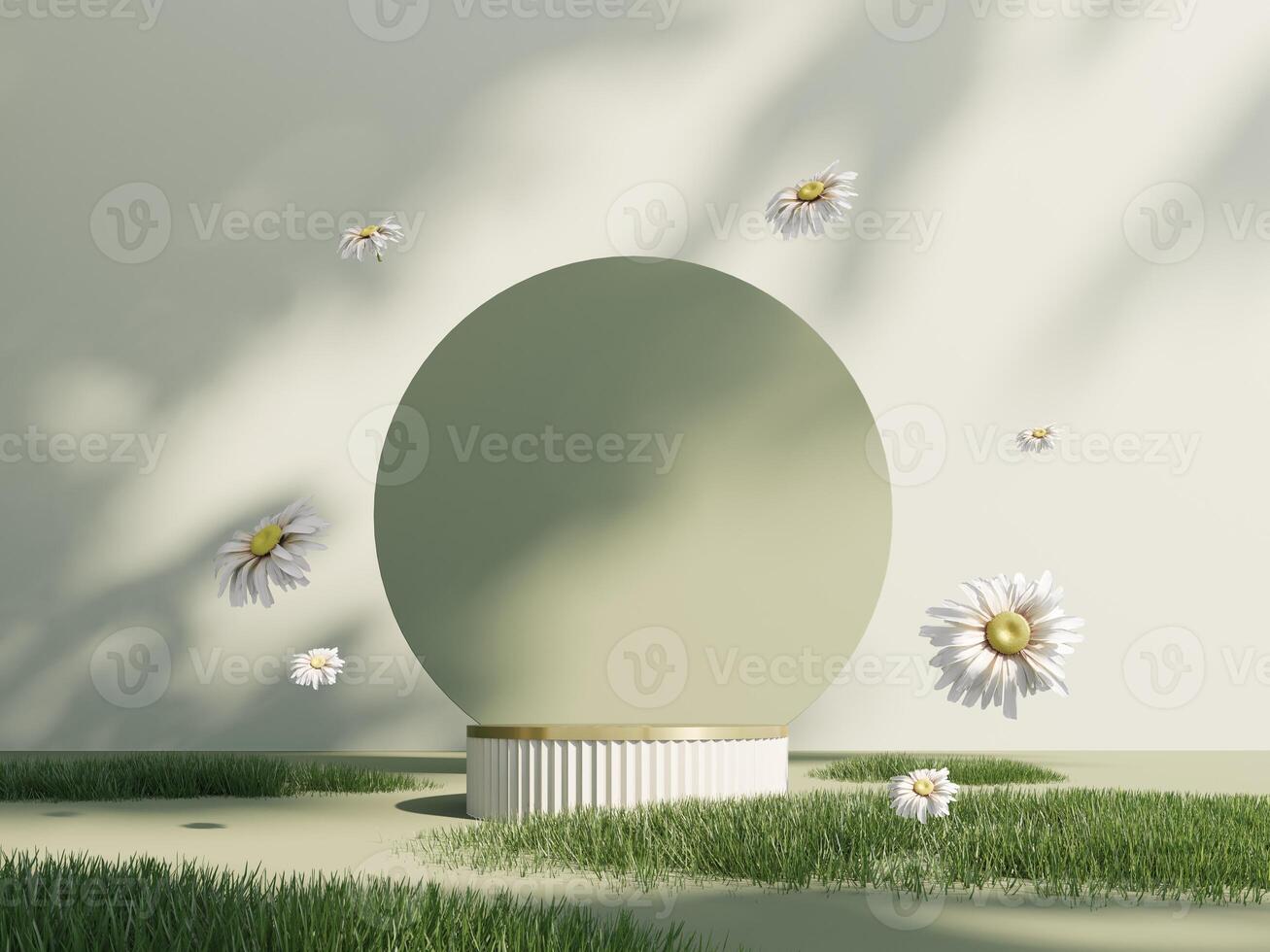 3d spring podium, display with daisies on light pastel background with shadow. Showcase for advertising products, cosmetics. Floral, summer, holiday banner for easter, wedding, mother's day, birthday. photo