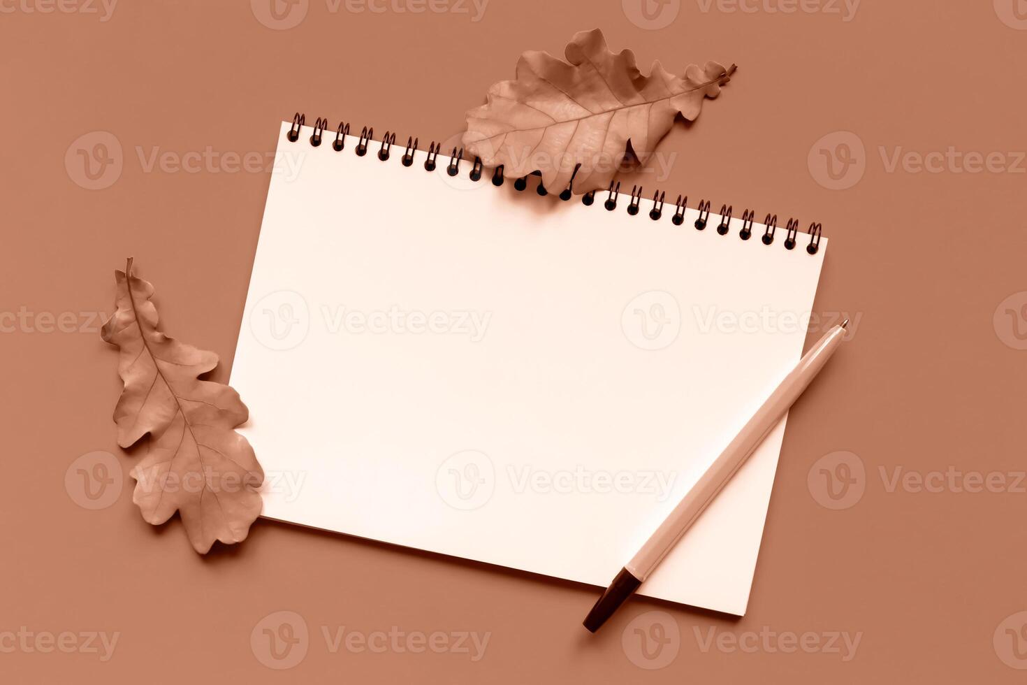 Mockup. White sheet of paper, fallen autumn oak leaves and pen on Mocha and Mousse, brown background. Notebook for notes. Demonstrating color of 2025 year photo