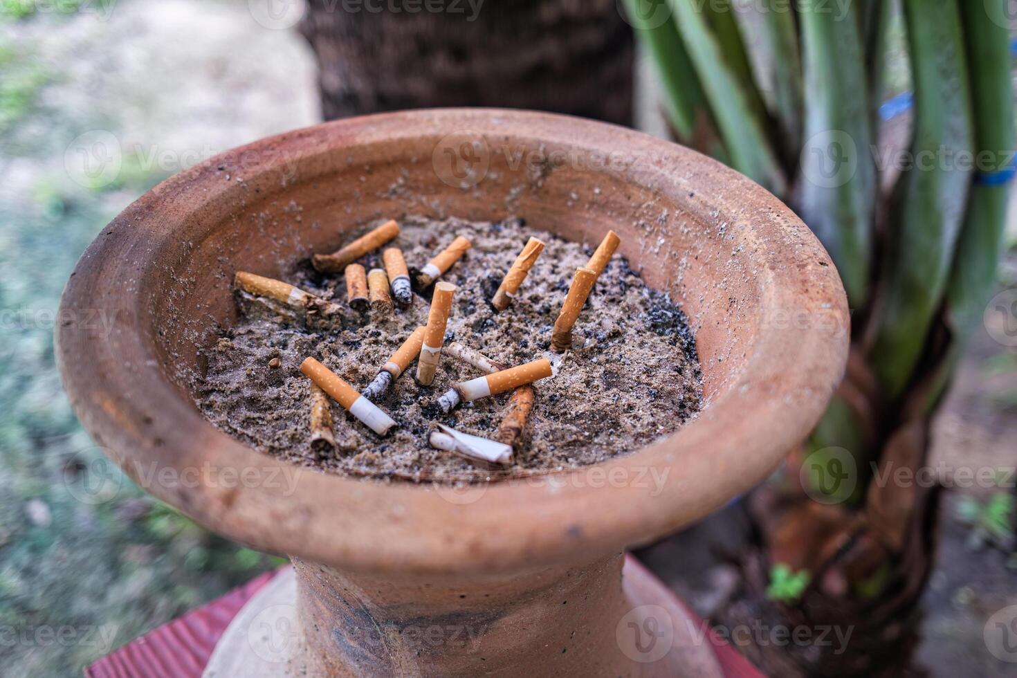 Cigarette ash butts in ashtray with sand on container tray photo