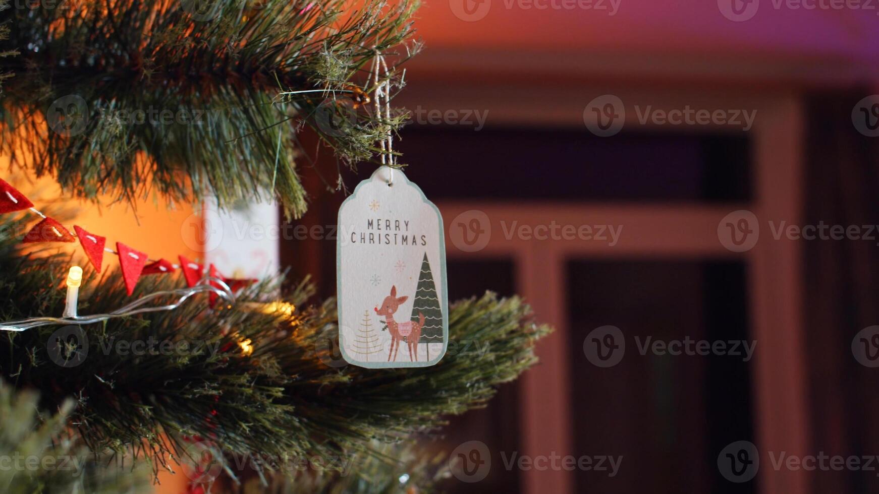 A christmas tag hangs from a christmas tree photo