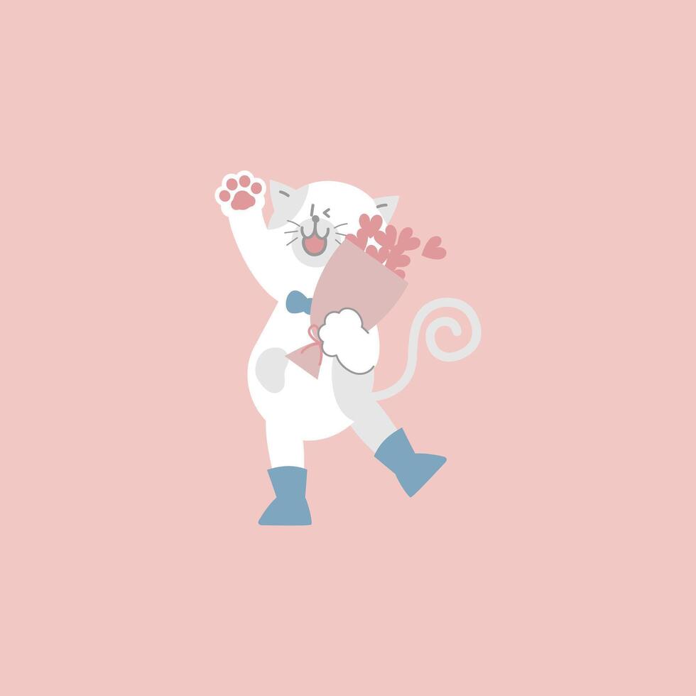 cute and lovely cat with heart bouquet, happy valentine's day, love concept vector