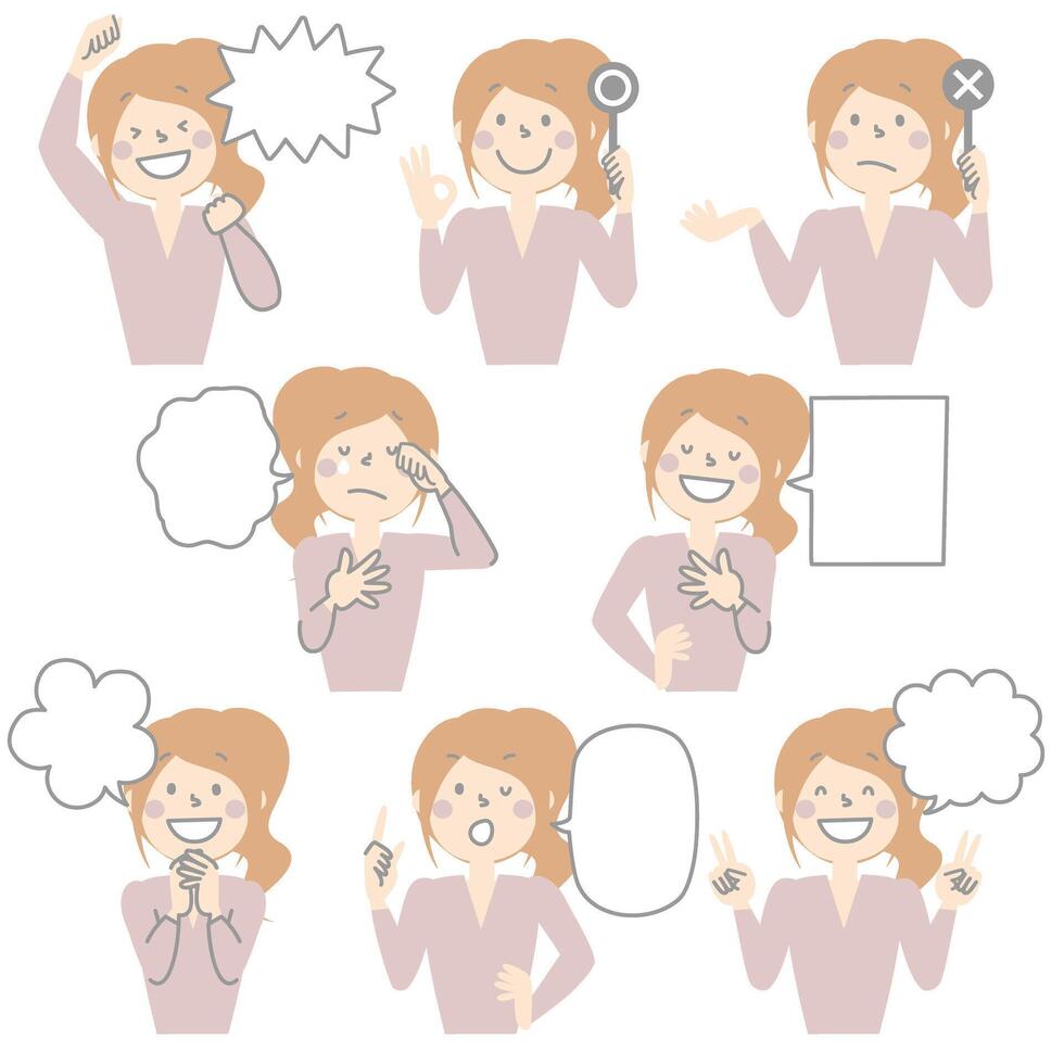 collection set of cute doodle hand draw speech bubble balloon with girl woman character facial expression, text box think speak talk banner vector