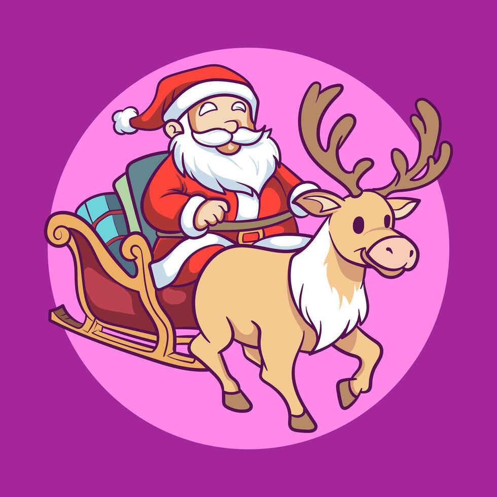 Santa claus riding on reindeer in a sleigh with presents vector