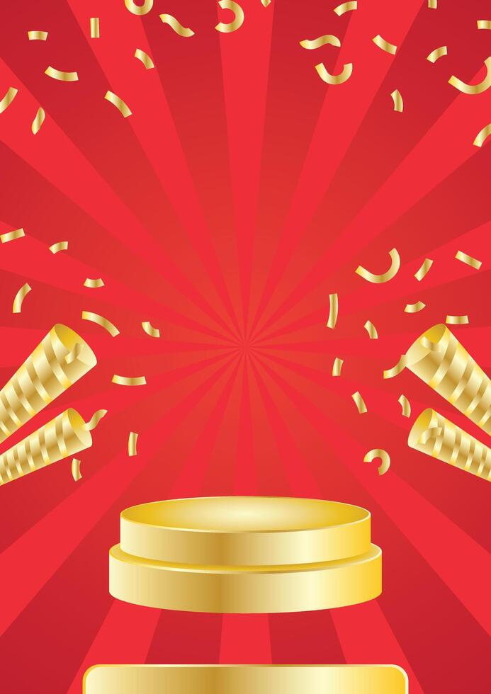 golden podium design with gold confetti ornaments and red background with sunburst effect vector