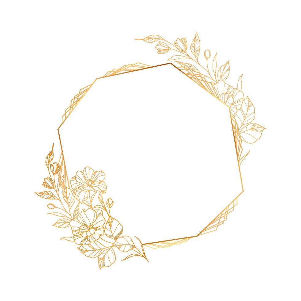 Golden floral frame with a hexagonal shape vector