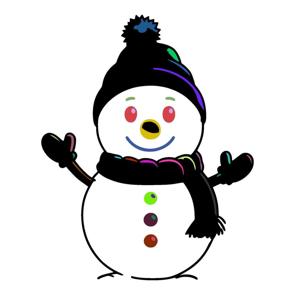 A cartoon snowman is standing with his arms outstretched. He is wearing a black hat with a blue pom-pom on top of it. vector