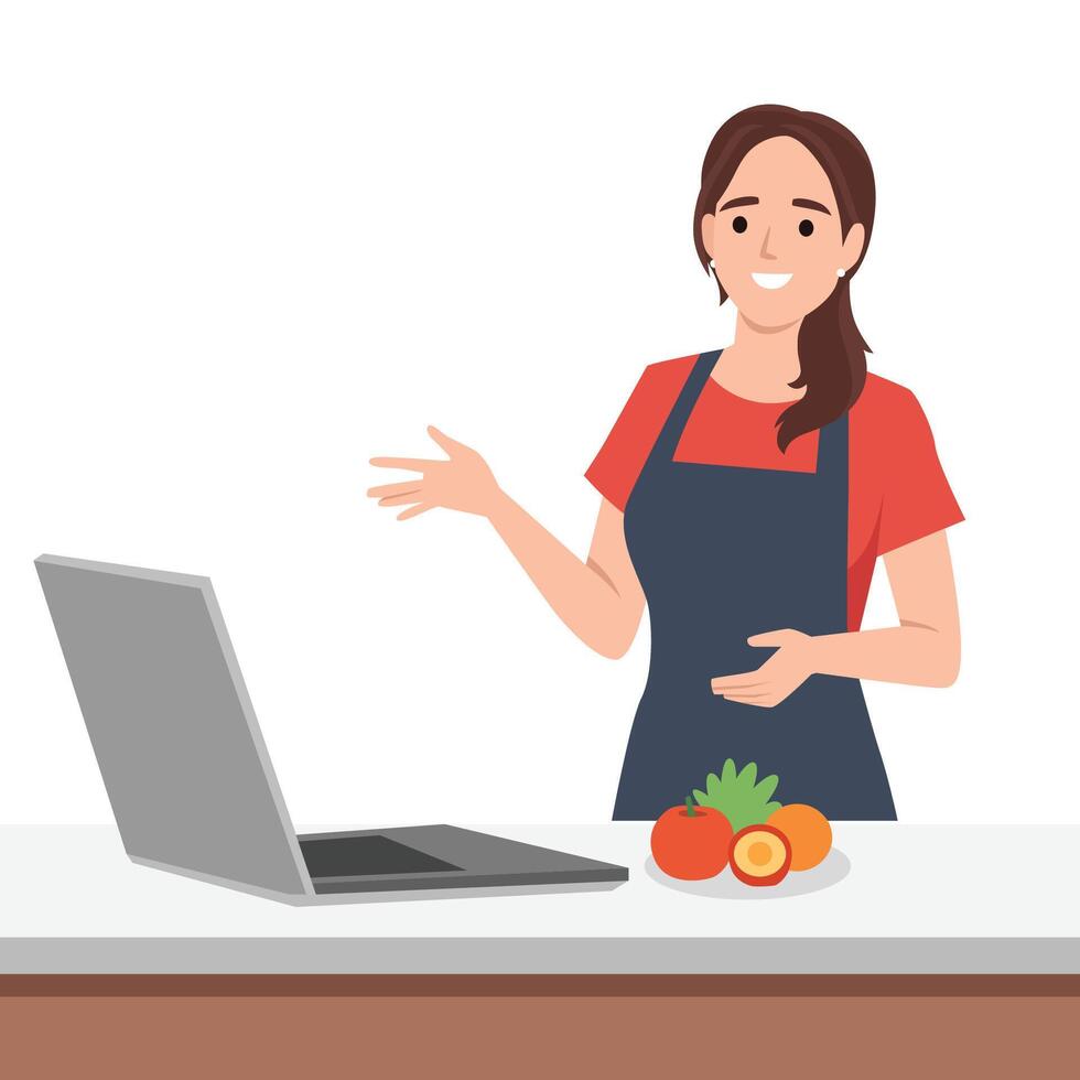 Smiling woman with kitchen utensils look out of laptop screen. vector