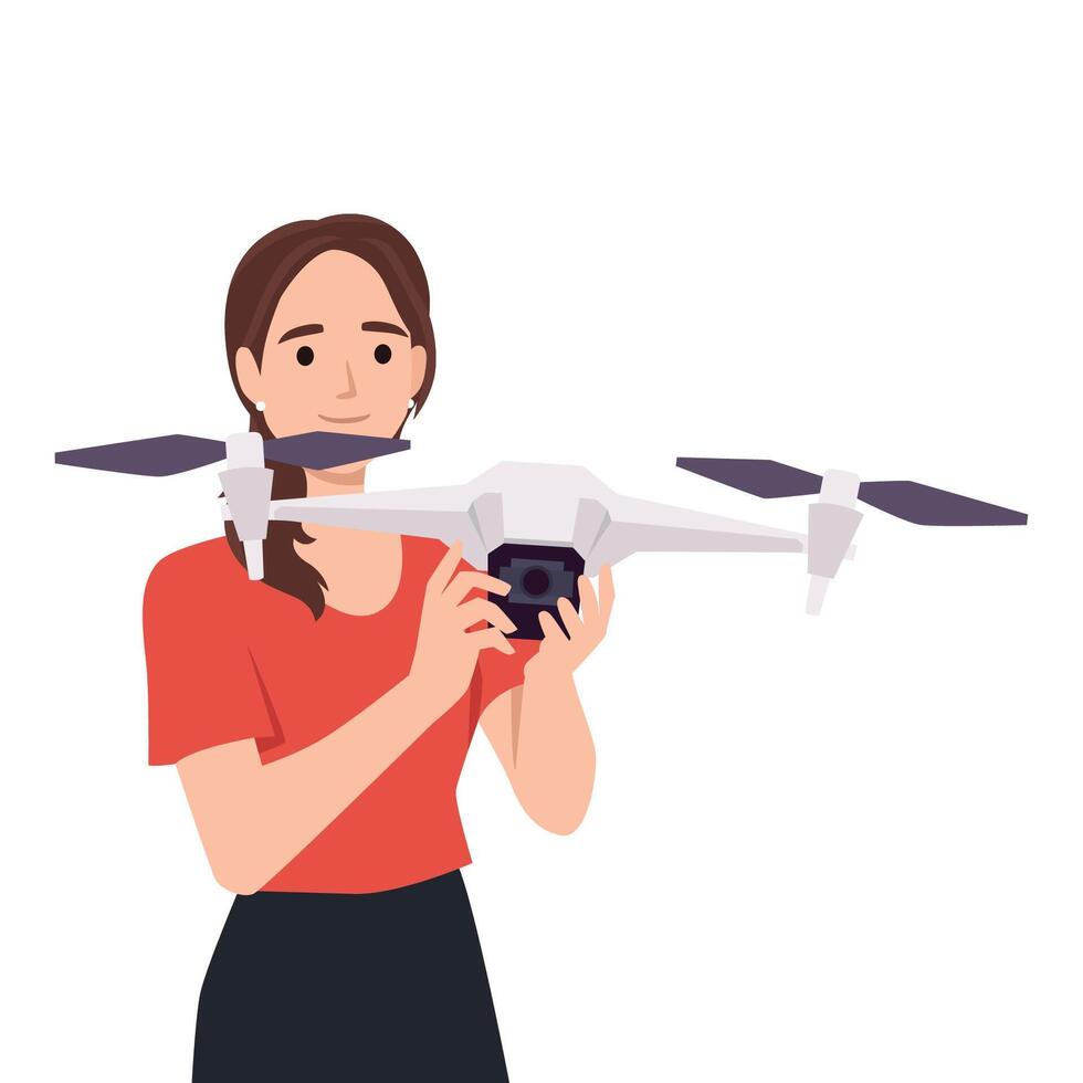 Young woman flying drone with a remote control. vector