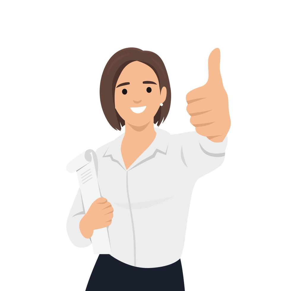 Young woman in a business suit holds a folder with documents and shows a thumbs up. vector