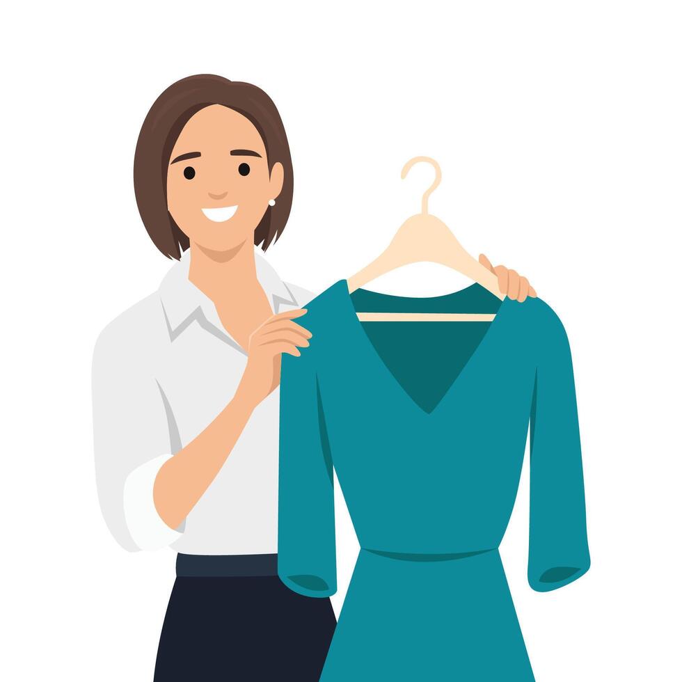 Fashion stylist helps with choice between clothes. Shop assistant consulting. vector