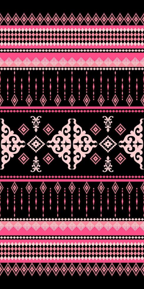 Ethnic Aztec Traditional Ornate Ikat Pink Embroidery on Black Background Seamless Pattern. Carpet, Kebaya, ornament floral, pattern, design for wrapping, silk, scarf, background, textile, carpet, rug. vector