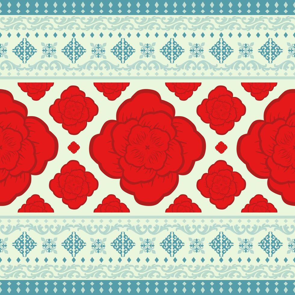 Luxury Red Velvet Immortal Roses - Sign of Endless Love Flower. Fleur de lis Motif Sweet Color Design with Red Rose and Pastel Green Background. Detailed of Handwork illustration Seamless Pattern. vector