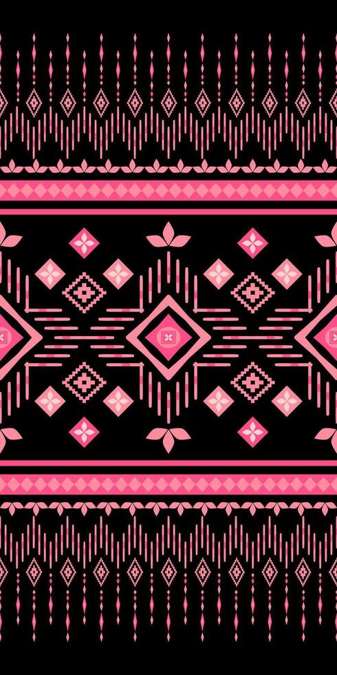 Ethnic Fuchsia's Pink Neon and Flowers Petals Decoration with Geometric Ornament. Traditional Zigzag Aztec Seamless Pattern. Hand Craft Pink Border Weaves Embroidery on Black Background Homespun Style vector