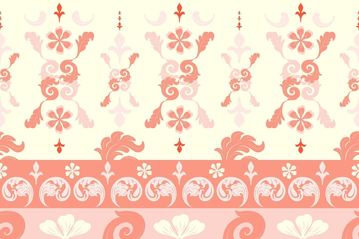 Exquisitely Classy Botanical Elegance Leaves and Florals Peach Shades Embroidery Silk Weaves on Beige Background. Elaborate Scroll Ornament Pattern Luxury Rich Seamless Border For Grandeur Decoration vector