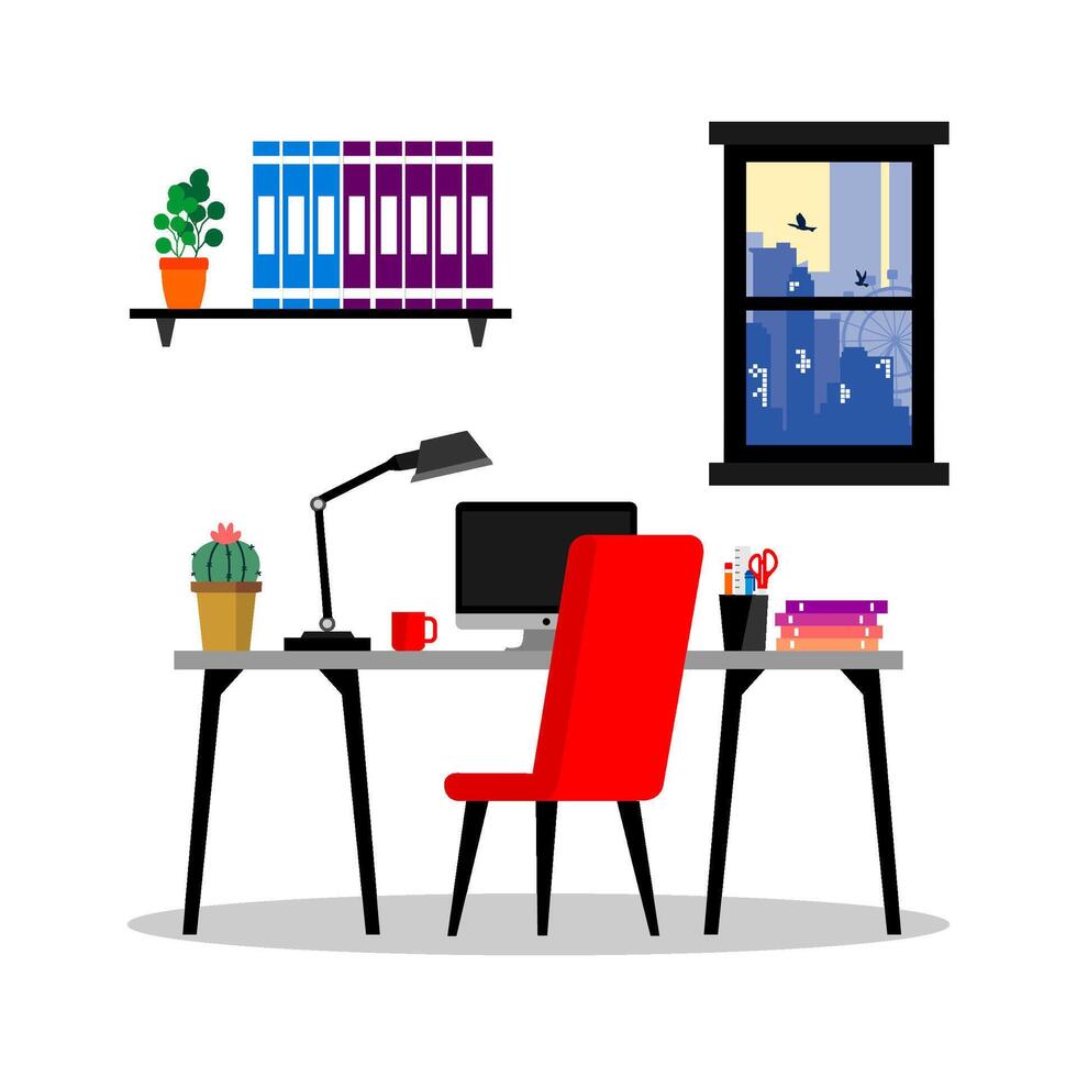 modern workspace with computer table, chair, lamp and bookshelves vector