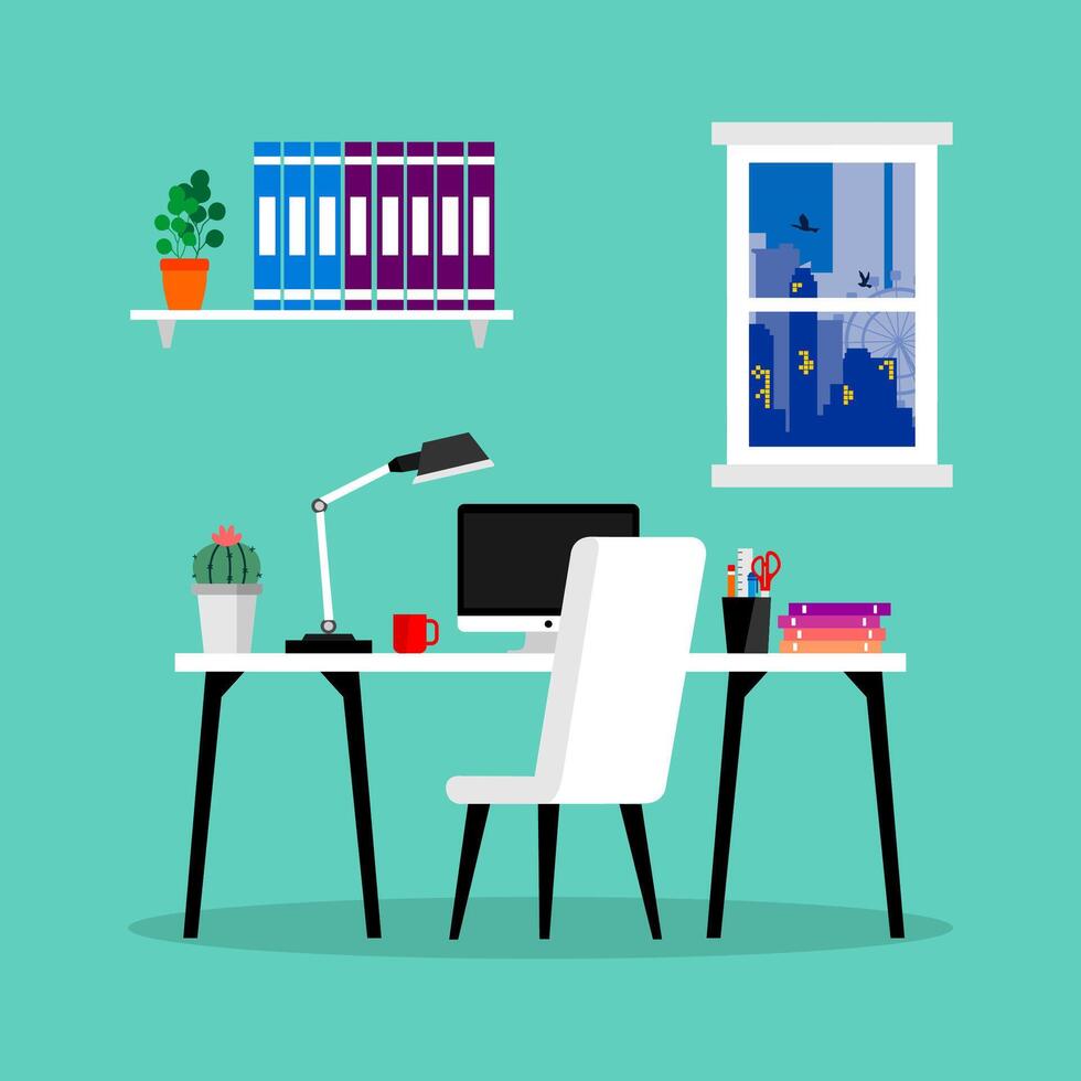 workplace interior with laptop, clock, coffee cup and plant on desk, home office vector