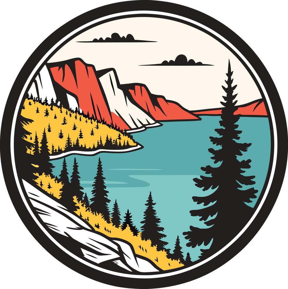 A round sticker with a lake and mountains vector