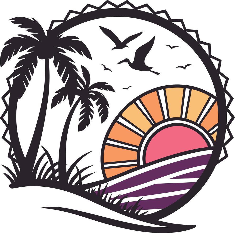 A logo for a tropical island with palm trees and a sunset vector