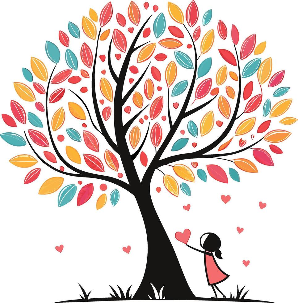 A girl is standing under a tree with hearts vector
