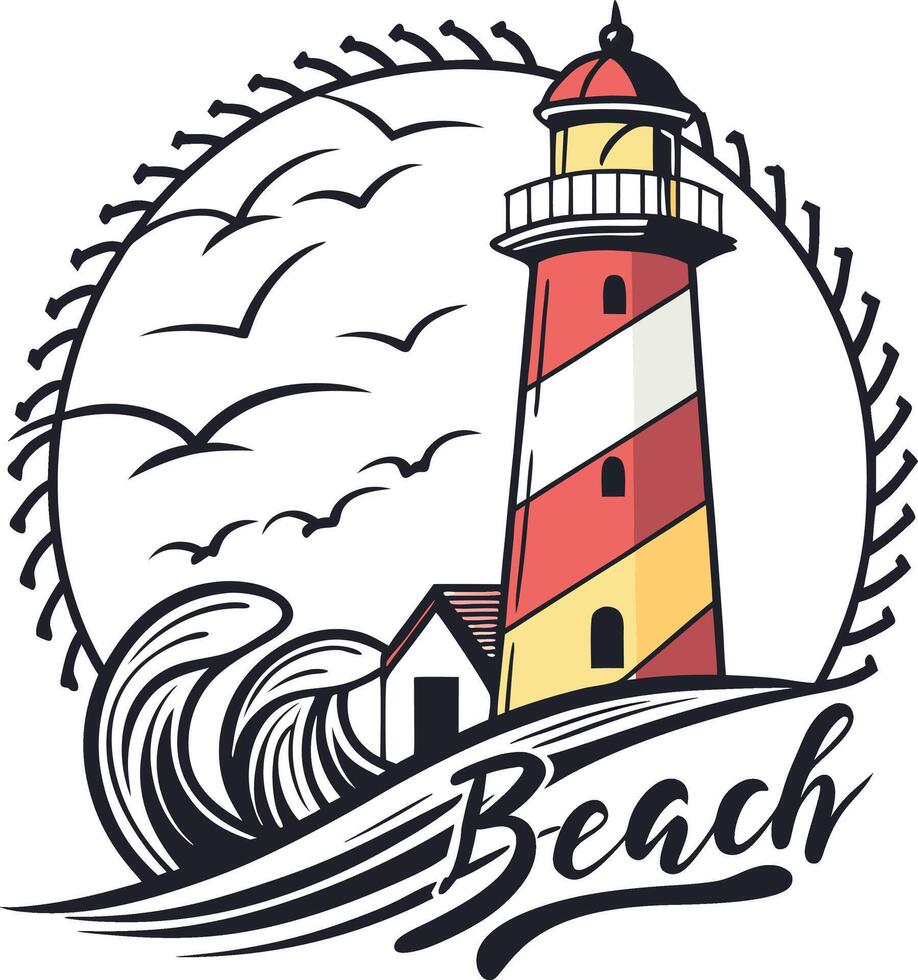 The lighthouse logo with waves and birds vector