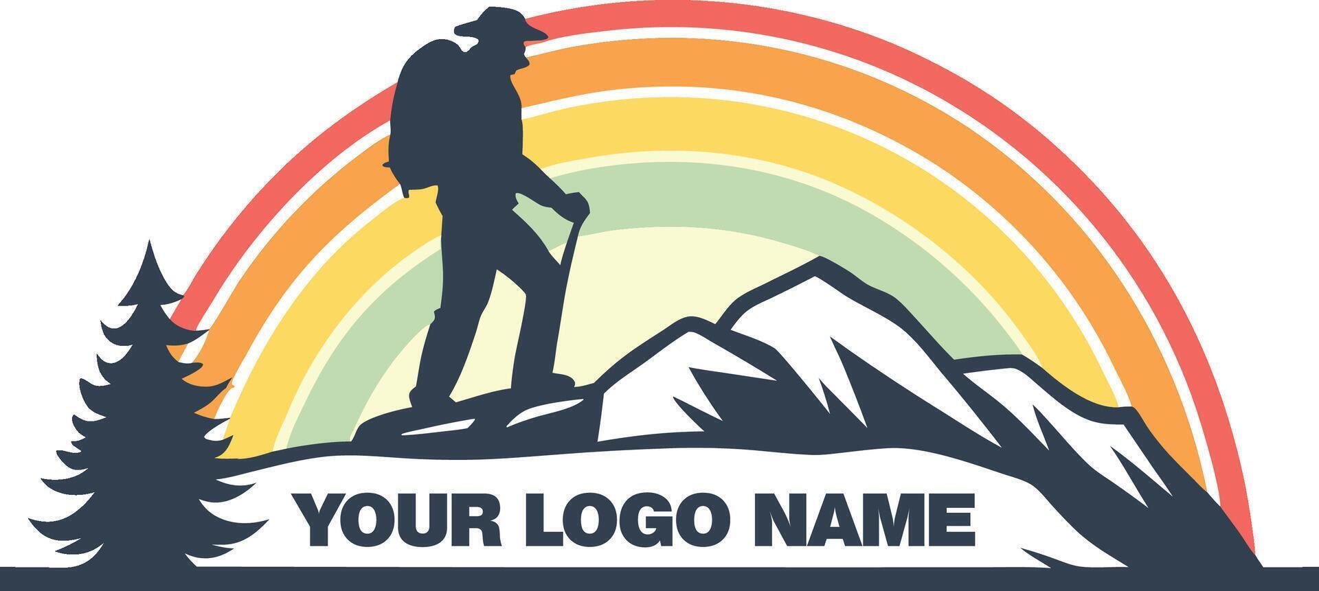 A logo with a man standing on top of a mountain with a rainbow in the background vector