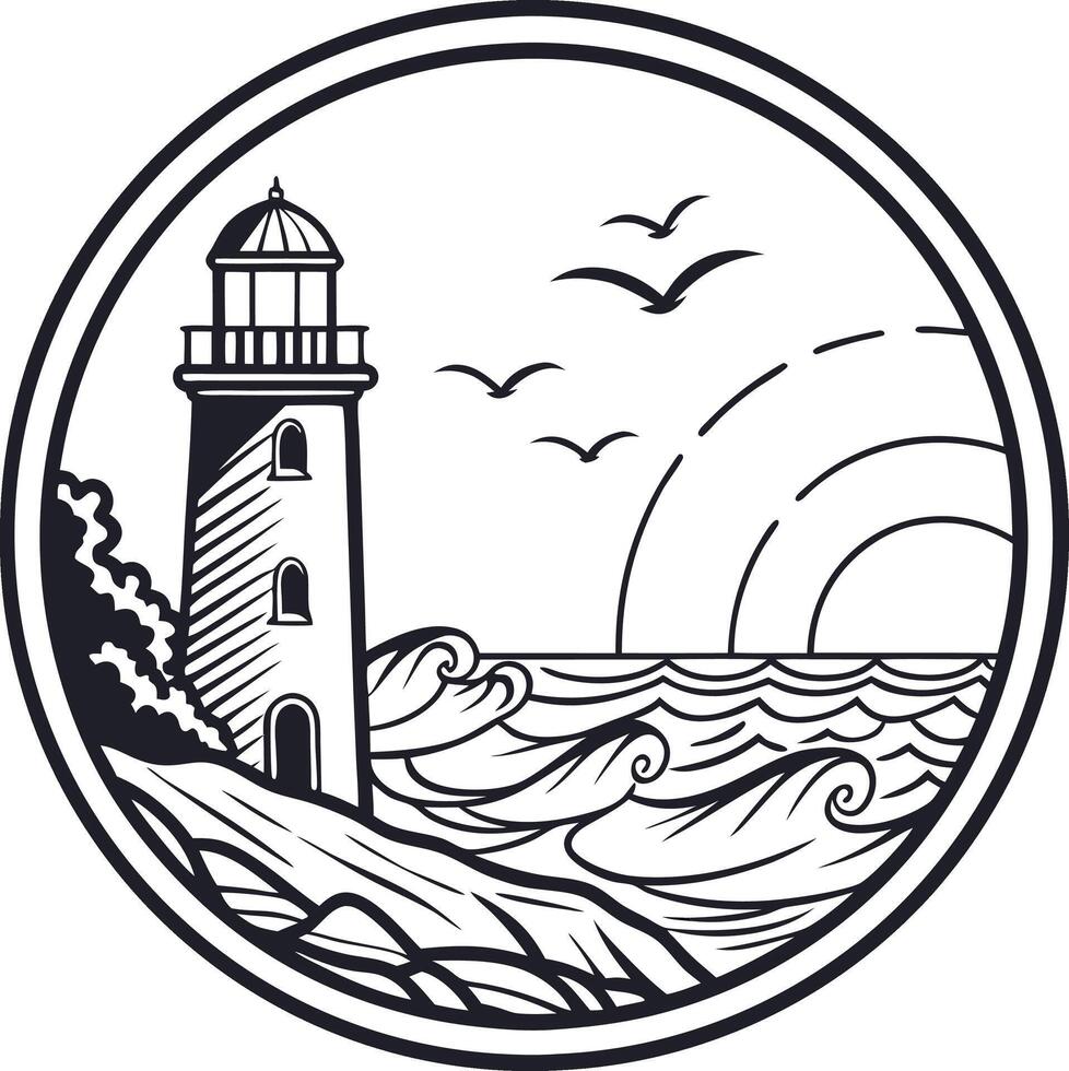 A lighthouse in a circle with waves and birds vector