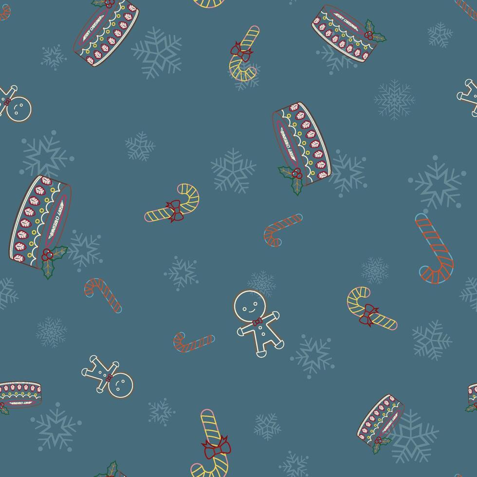 Christmas pattern seamless with snowflakes, gingerbread man, cake and candy. wallpaper, background vector