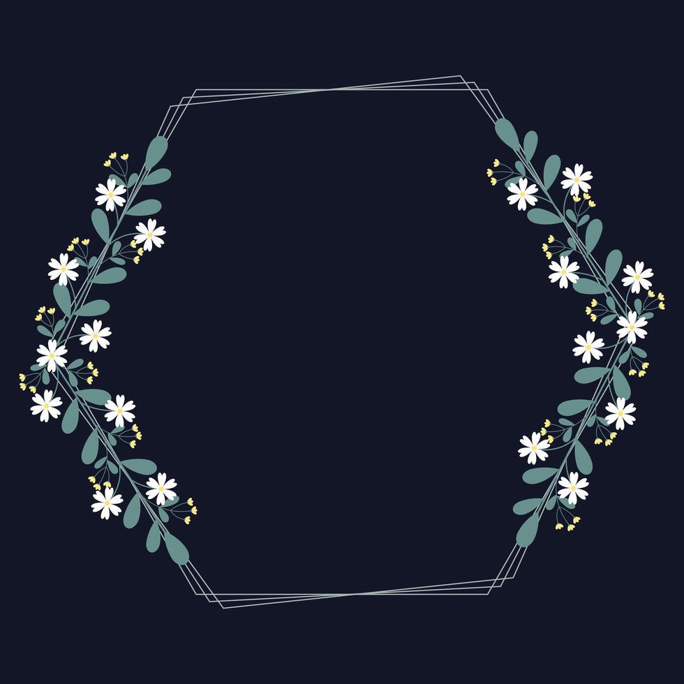 Hexagonal Wreath Or Hexagonal Frame With Yellow White Flowers And Green Leaves vector
