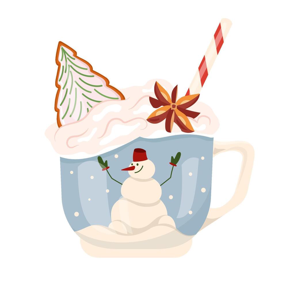 Mug with cocoa or latte with spices and gingerbread to keep warm on winter days. Atmospheric cup with snowman. Christmas mood illustration in . For holiday advertising, baking, banners and card vector